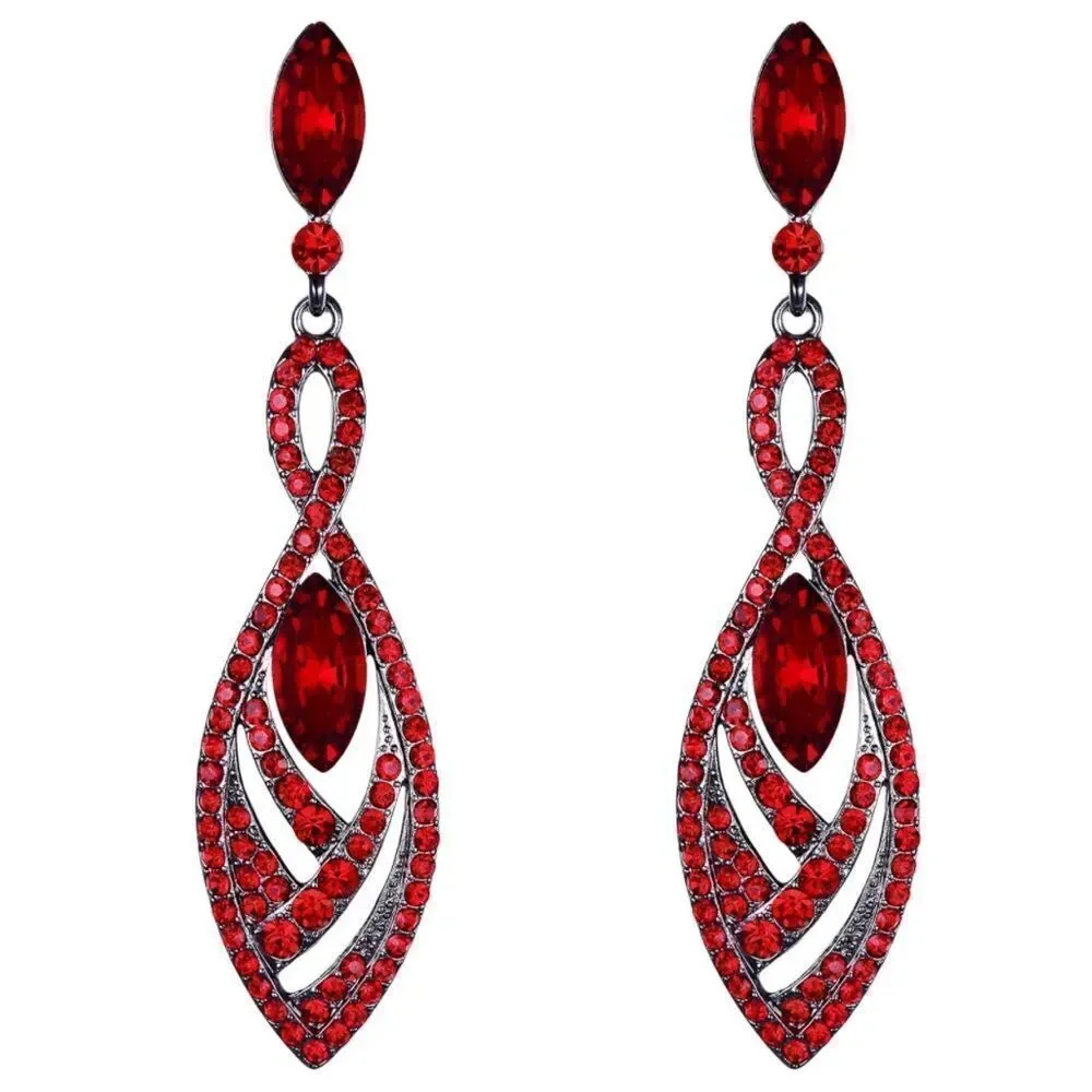Gun Metal Black with Ruby Red Austrian Crystal Twisted Chandelier Post Earrings